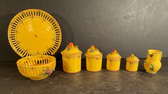 7 Pieces Of Faience De Art De Malicornet Herb Pots, Bowl& Underliner,creamer