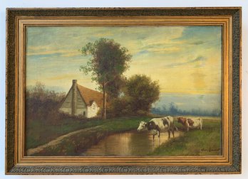 George Reichet (19th Century, European) Oil Painting On Canvas, Landscape With Cows