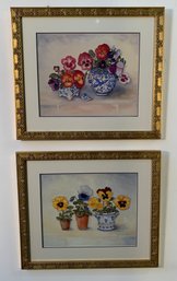 Pair Of Floral Still Life Watercolors By A. Churchill In Gold Painted Frames