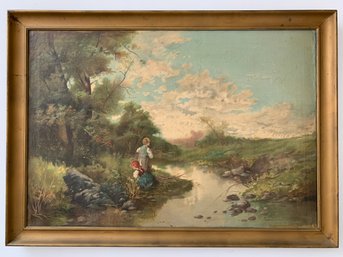 Antique Continental Oil On Canvas Country Scene Painting
