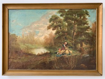 Antique Continental Oil On Canvas Of Children With Sheep