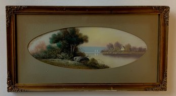 Antique American School, Oval Landscape Oil On Board