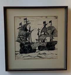 Diana Manchester Nautical Ship Painting, Ink On Paper, C. 1960