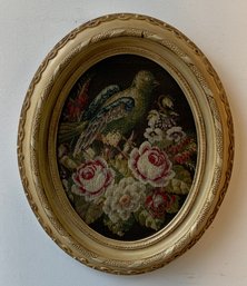 Antique Oval Needlepoint, Bird And Floral Still Life, Circa 1860-1890