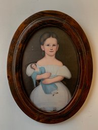 Primitive Folk Art Reproduction Oval Framed Print Of Girl Holding A Doll