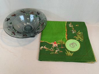Donna Raines Hand Painted  Equestrian Themed Glass Pedestal Center Bowl & Needle Point Table Cover