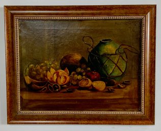 Antique Still Life Oil Painting With Fruit And Green Jug