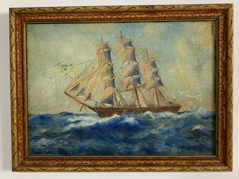 Antique Folk Art Maritime Oil Painting Of A Three-Masted Sailing Ship