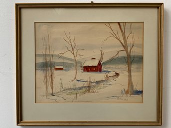 Watercolor Winter Landscape With Red Farmhouse, Signed Robinson