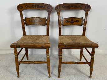 Ethan Allen Pair Of Stenciled Side Chairs With Rush Seats
