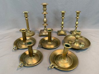 Collection Of 9 Antique Brass Candlesticks And Chamber Sticks, 18th19th Century