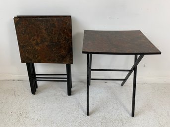 Set Of 4 Mid Century Black Painted Folding Tray Tables With Marbleized Tops