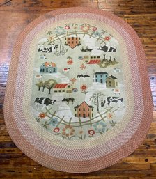 8' W X 10' L  Oval Hooked & Braided Area Rug, American Folk Art Farm Scene