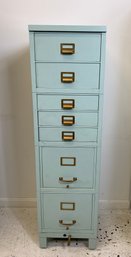 Vintage Metal Filing Cabinet, Painted Mint Blue With Brass Hardware.