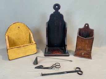 Antique Pine Candle Wall Box With Drawer, Iron Candle Tools & 2 Primitive Reproduction Wall Boxes