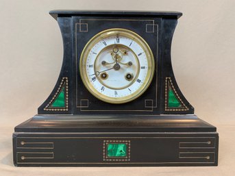 Antique French Black Slate Neoclassical Mantel Clock With Malachite Inlay And Visible Escapement