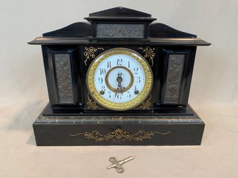 Antique French Black Slate Neoclassical Temple Mantel Clock With Cast Metal Relief Panels