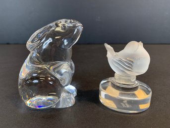 Lalique France Frosted Crystal Bird Figurine & Baccarat Crystal Rabbit Figurine