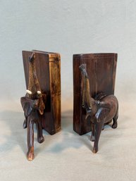Pair Of Wood Carved Elephant Bookends
