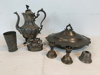 7 Pieces Of Pewter, Quadruple Plate And Metal Table Items