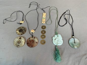 Collection Of Asian Hardstone Pendants, Carved Jade-Style Discs & Accessories