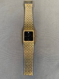 Mens Wittnauer QWR Swiss Dress Watch 9782 Black Dial, Diamond Accent, Gold-Tone Basket-Weave Bracelet