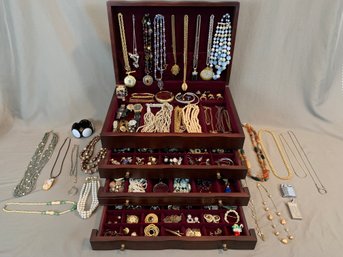 Extensive Collection Of Costume Jewelry In 3 Drawer Mahogany Jewelry Box