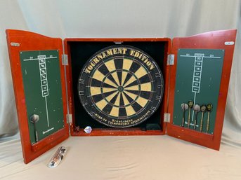 Brookstone Tournament Edition Dart Board With Hanging Cabinet And 8 Darts