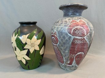 2 Large Earthenware Decorated Vases