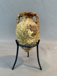 Ancient Roman Or Greek Miniature Amphora With Marine Encrustation, On Stand