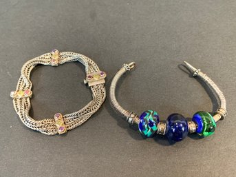 Two Sterling Silver Bracelets, Anatoli 925/14k Gemstone Foxtail Chain & Art Glass Bead Bracelet
