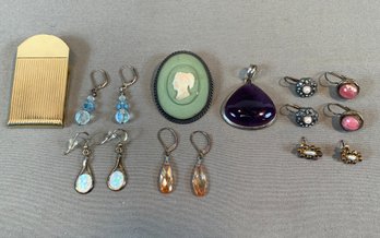 Collection Of 9 Sterling Silver Jewelry Earrings, Pendant, Cameo Brooch, 1/20 14ct. Gold Filled Money Clip