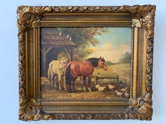 John A. Servas (1886-1953) Oil On Board, Barnyard Scene With Horses And Chickens