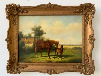 Adele Fairholme (British, 1872-1936)  Oil On Board, Mare And Foal In A Country Landscape