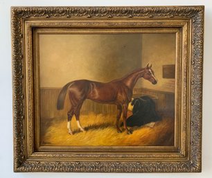 Chestnut Horse In A Stable Interior Oil On Canvas, Signed Byron