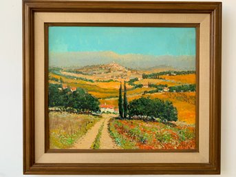 Kerry Hallam (British-American, 1937-2020) Oil On Canvas, Mediterranean Landscape With Hilltop Village