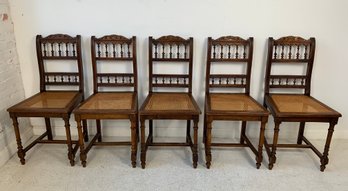 Set Of Five Antique Victorian Oak Carved Side Chairs With Caned Seats