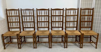 Set Of Six Antique Country English Oak Ladder Spindle-Back Rush Seat Side Chairs (Lot B)