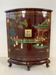 Chinese Export Style Red Lacquer Two Door Corner Cabinet With Figural Garden Scene Decoration