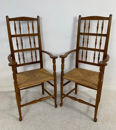 Set Of Two Antique Country English Oak Ladder Spindle-Back Rush Seat Armchairs