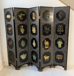 Tianshui Chinese Five-Panel Black Lacquer, Carved Hardstone And Mother Of Pearl Folding Screen