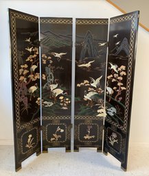 Chinese Four-Panel Black Lacquer, Hardstone And Mother Of Pearl Folding Screen