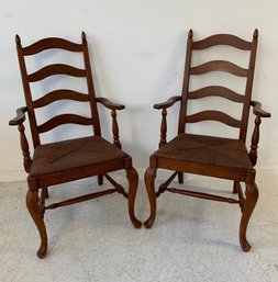 Pair Of Henkel Harris Wild Black Cherry Country French Style Ladder-Back Rush Seat Armchairs, Style No. 106S