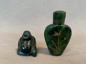Chinese Spinach Nephrite Snuff Bottle And A Chinese Carved Jade Figurine