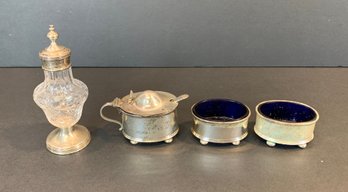 4 Pieces Antique English Sterling Silver Condiment Set, 90.9 Grams