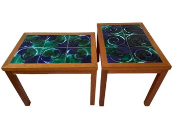 Pair Danish Modern Teak Tile Top Side Tables
