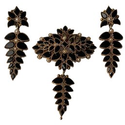 19th C 14k Gold Onyx & Pearl Earrings & Brooch Jewelry Set