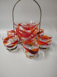 Midcentury Starlyte Orange & Red Tumblers And Ice Bowl In Rack