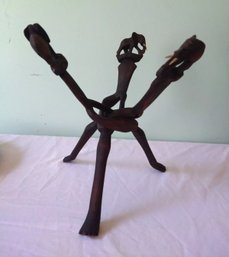 Carved African Folding Wooden Tripod Stand For Bowl Or Plant