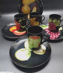 Fitz & Floyd Fruit Medley Set Of 4 Plates & Cups Luncheon Set
